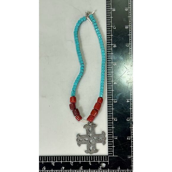 VTG Native American Turquoise & Red Coral Cross Necklace Sterling Silver Pendant - Picture 11 of 15